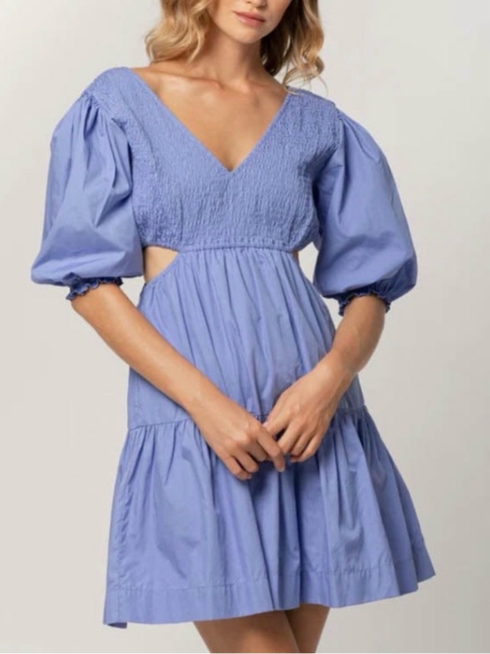 ANTHROPOLOGIE x Lusana “Brooke” Smocked V-Neck Puff Sleeve Mini Dress w Cut Outs